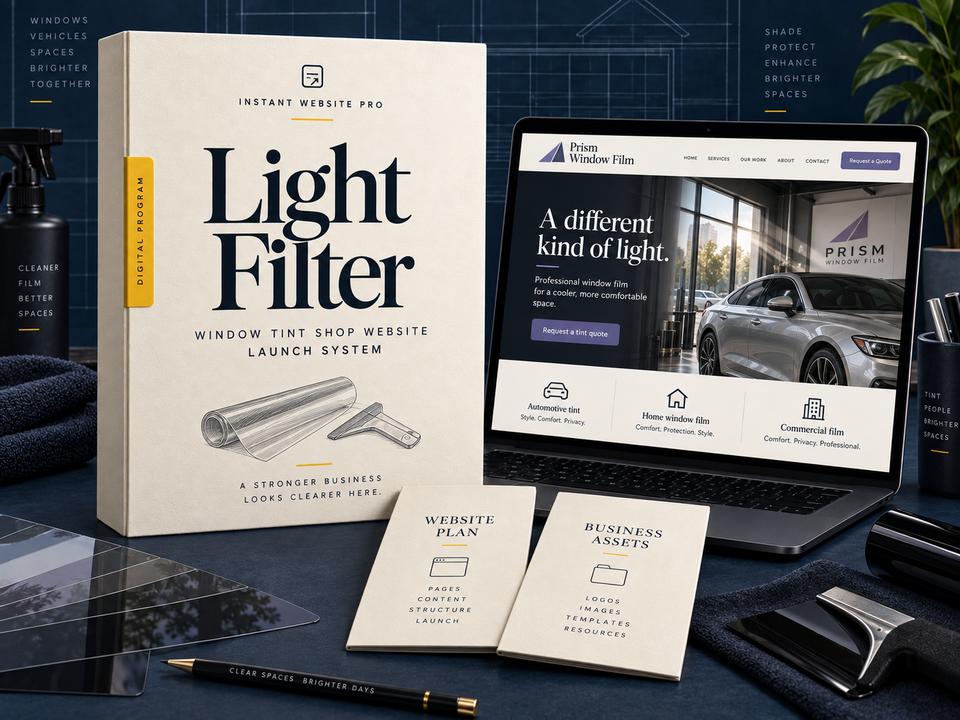 Light Filter window tint shop website launch system: cream book with a pencil sketch of a rolled window-film sheet and squeegee, a laptop showing fictional Prism Window Film, and Website Plan and Business Assets booklets.