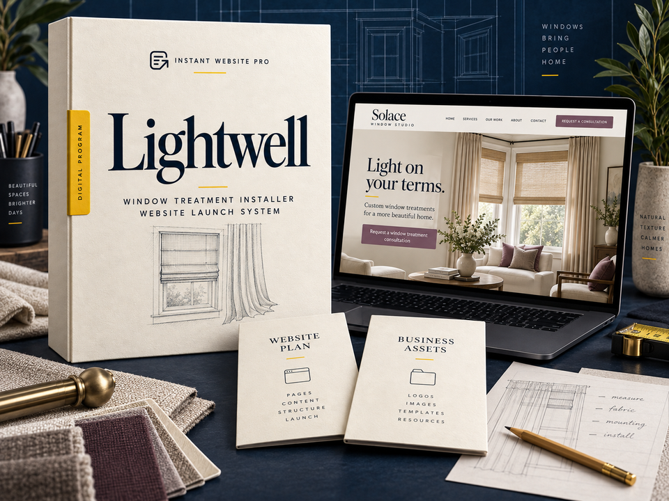 Lightwell window treatment installer website launch system: cream book with a pencil sketch of a window shade and a drapery fold, a laptop showing fictional Solace Window Studio, and Website Plan and Business Assets booklets.